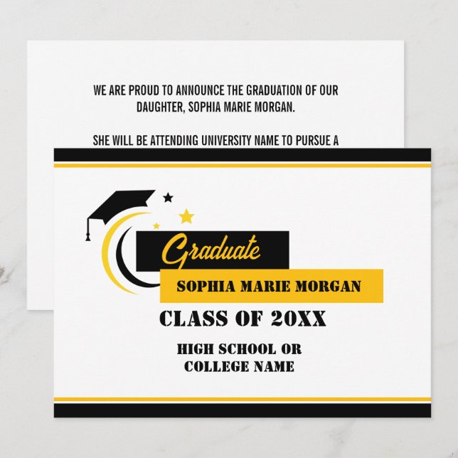 Graduate Yellow Black White Graduate Announcement (Front/Back)