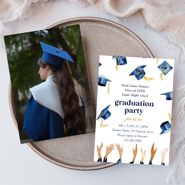 Graduated Photo l Happy Blue Hats Party  Invitation (Creator Uploaded)