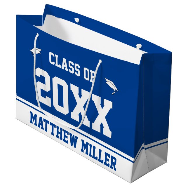 Graduate's Name Deep Blue and White Graduation Large Gift Bag (Front Angled)