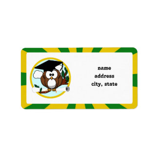 Graduating Owl w/ Green & Gold School Colours Label