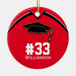 Graduating Senior Football Player Team # Red Ceramic Tree Decoration