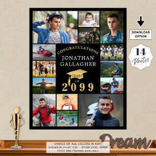 Graduation 14 Photo Collage Congrats Black Gold Poster