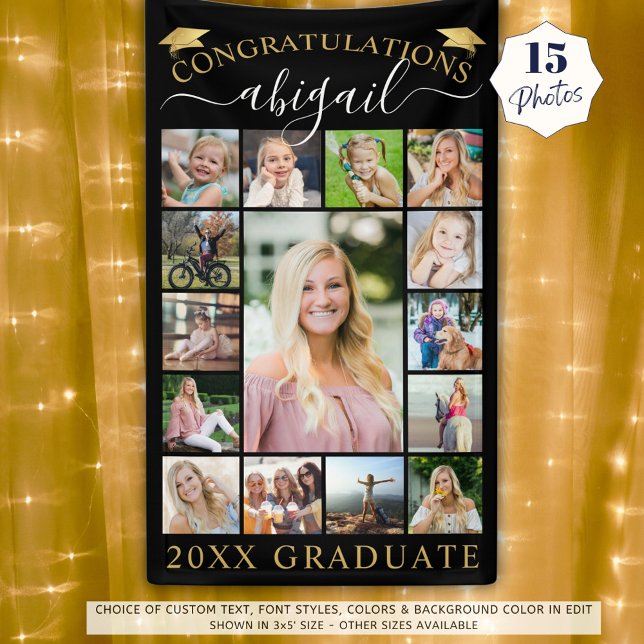 Graduation 15 Photo Collage Script Black Gold Cap Banner (Creator Uploaded)