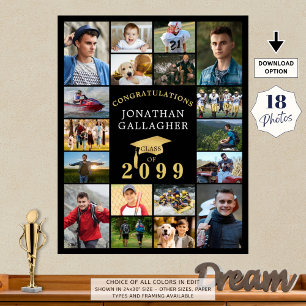 Graduation 18 Photo Collage Congrats Black Gold Poster