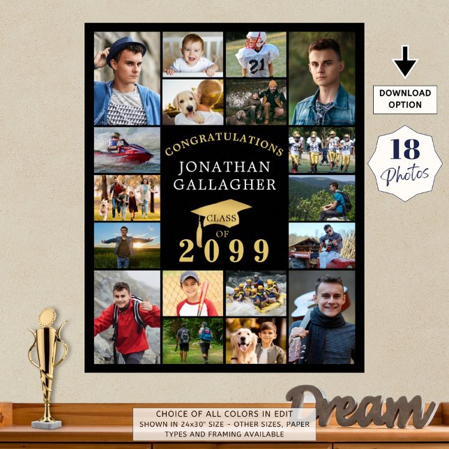 Graduation 18 Photo Collage Congrats Black Gold Poster (Creator Uploaded)