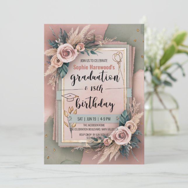 Graduation 18th Birthday Boho Soft Pastel Flower Invitation (Standing Front)