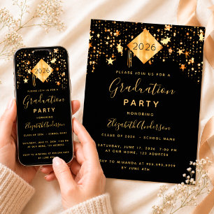 Graduation 2021 party topper black gold stars invitation