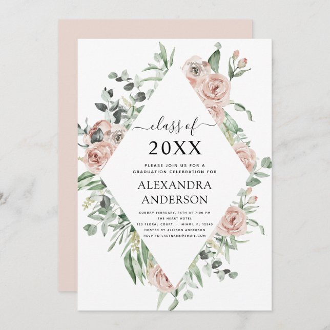 Graduation 2022 Dusty Pink Floral Greenery Invitation (Front/Back)