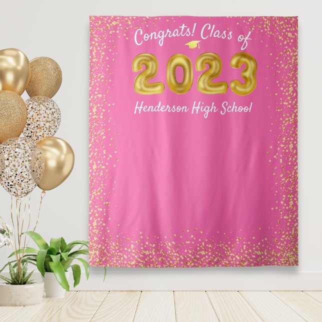 Graduation 2023 Gold Balloons Pink Photo Backdrop Tapestry (Creator Uploaded)