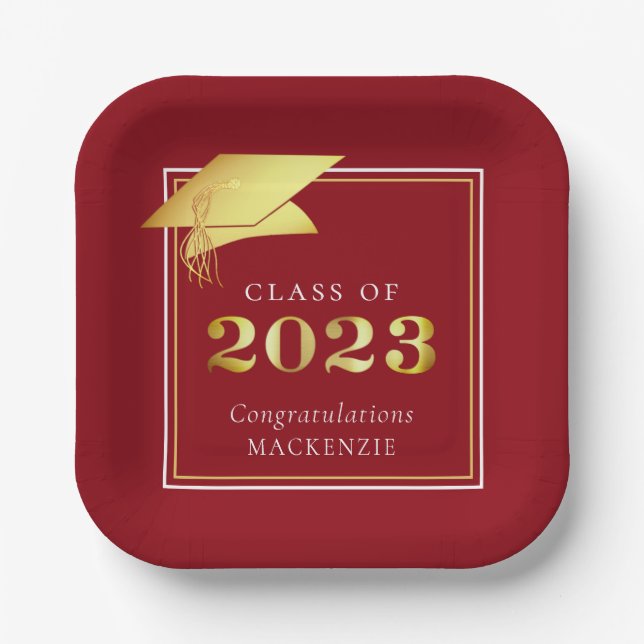 Graduation 2023 Gold Red Gold Personalised Paper Plate (Front)