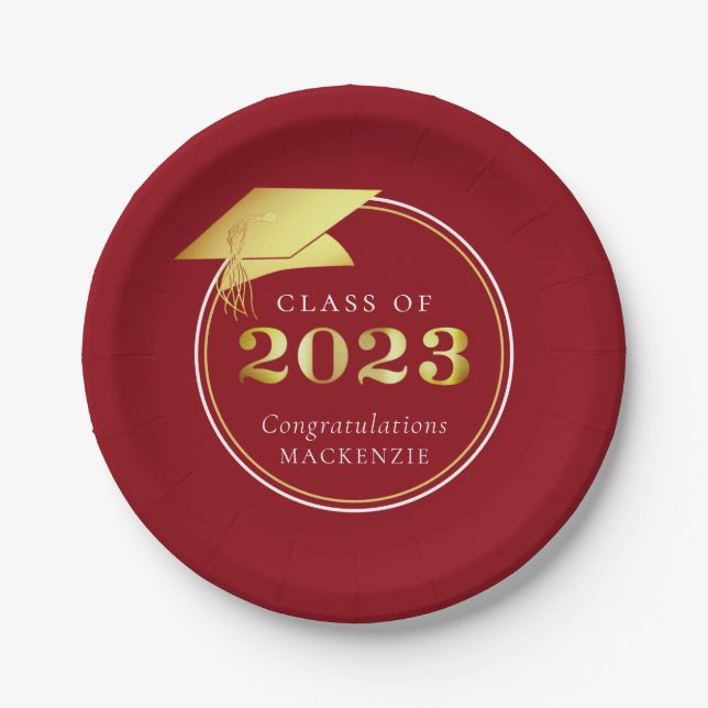 Graduation 2023 Gold Red Personalised Paper Plate (Front)