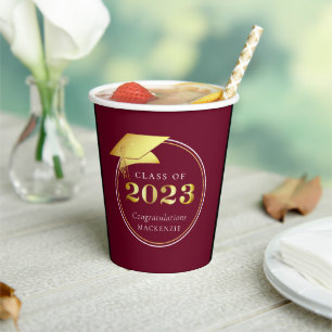 Graduation 2023 Maroon Faux Gold or Custom Colour Paper Cups