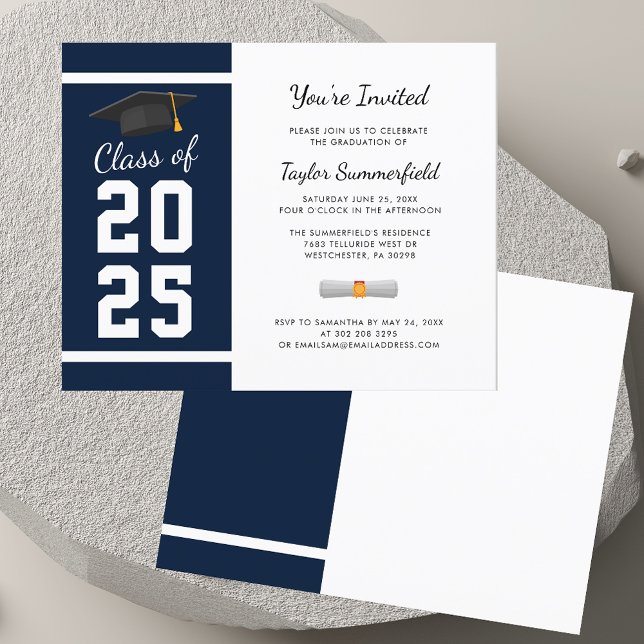 Graduation 2023 Navy Blue Simple Grad Party Invite (Graduation 2025 Navy Blue Grad Party Invitation)