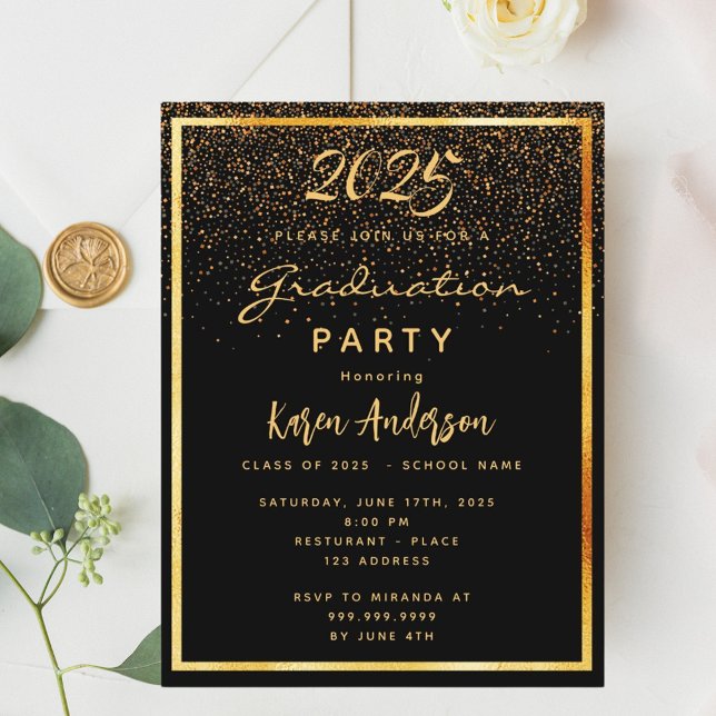 Graduation 2023 party black glam gold invitation postcard (Creator Uploaded)