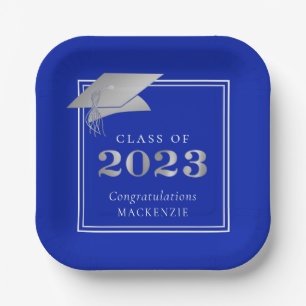Graduation 2023 Royal Blue Faux Silver Paper Plate