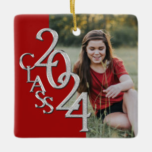 Graduation 2024 Class with Photo Red Silver Ceramic Ornament