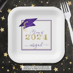 Graduation 2024 Faux Metallic Purple Gold Script Paper Plate<br><div class="desc">Modern personalised CLASS OF 2024 purple, gold and white graduation party plates with your graduate's name in a chic handwritten script with faux metallic purple graduation cap and faux metallic gold 2024. ASSISTANCE: For help with design modification/personalisation, colour change, transferring the design to another product or would like coordinating items,...</div>