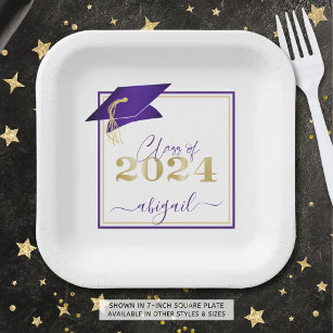Graduation 2024 Faux Metallic Purple Gold Script Paper Plate