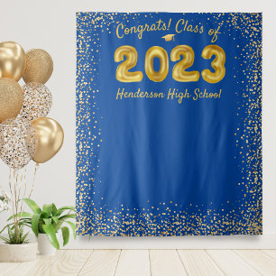 Graduation 2024 Gold Balloons Blue Photo Backdrop Tapestry