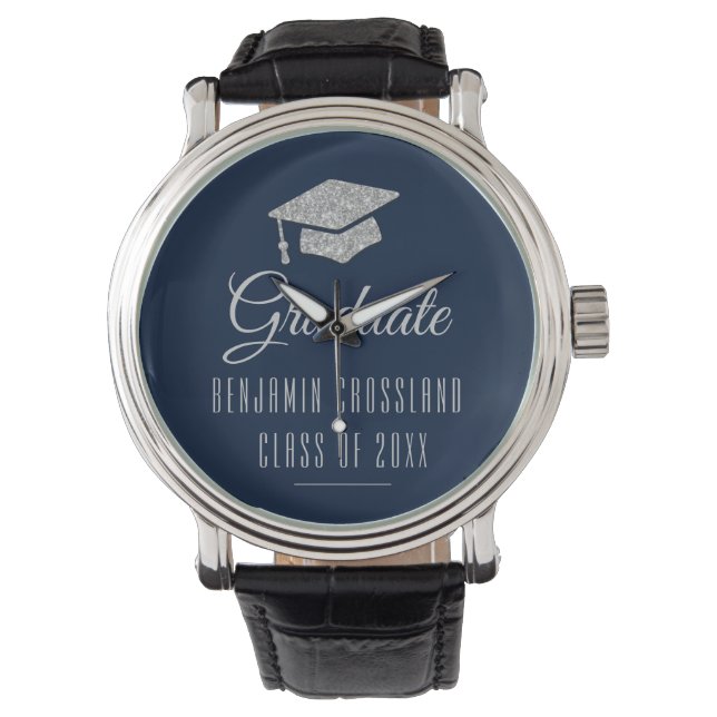 Graduation 2024 Grad Cap Grey Navy Blue Graduate Watch (Front)