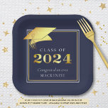 Graduation 2024 Navy Blue Faux Metallic Gold Paper Plate<br><div class="desc">Modern personalised CLASS OF 2024 graduation party paper plates with CONGRATULATIONS and your graduate's name accented with an elegant faux metallic gold foil 2024 and graduation cap or mortarboard in your choice of background colour (shown in navy blue) you can change to a school colour or coordinating party theme colour....</div>