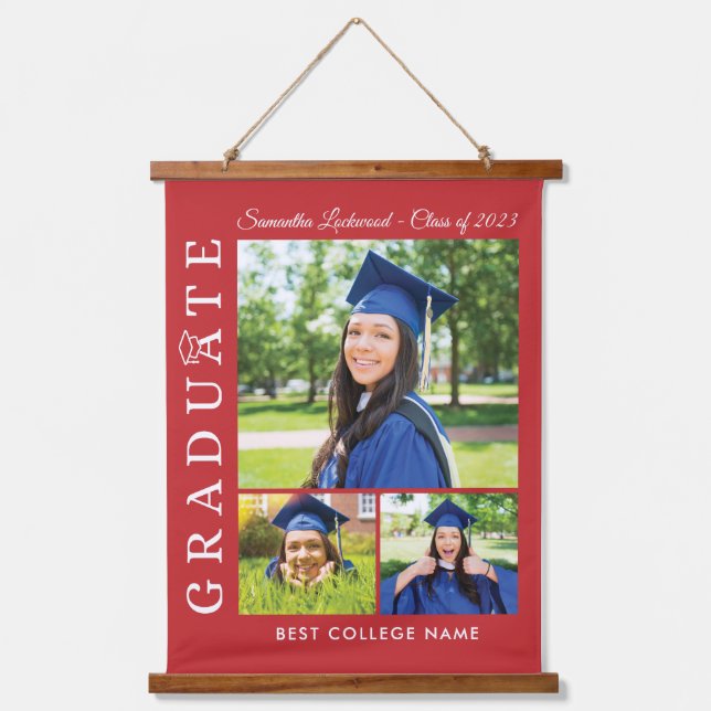 Graduation 2024 Photo Collage Red Grad Keepsakes Hanging Tapestry (Front)