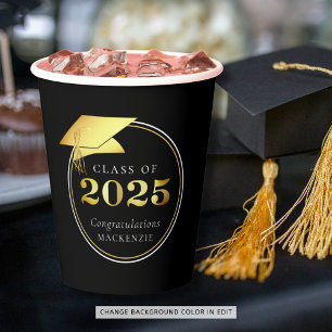 Graduation 2025 Black Faux Metallic Gold Paper Cups