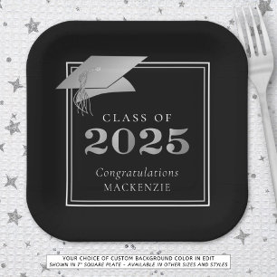 Graduation 2025 Black Faux Metallic Silver Paper Plate