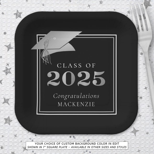 Graduation 2025 Black Faux Metallic Silver Paper Plate (Creator Uploaded)