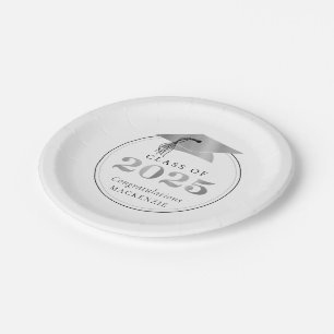 Graduation 2025 Black Silver Faux Metallic Paper Plate