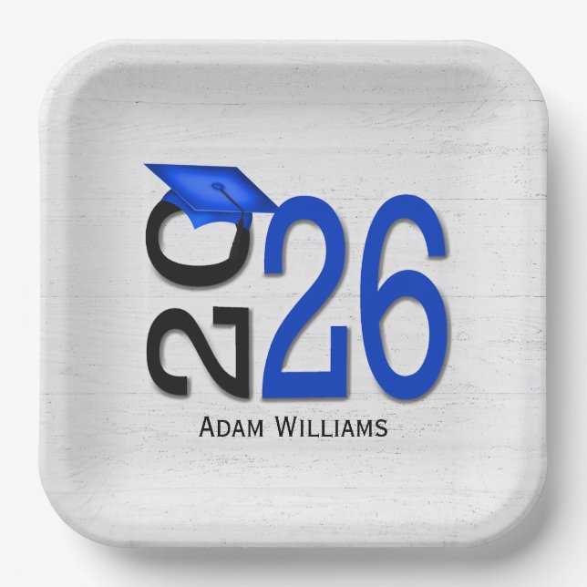Graduation 2025 Blue and Black On Wood Paper Plate (Front)