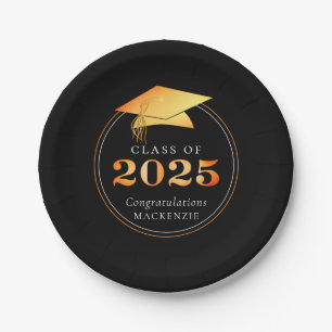Graduation 2025 Faux Metallic Black Gold Paper Plate