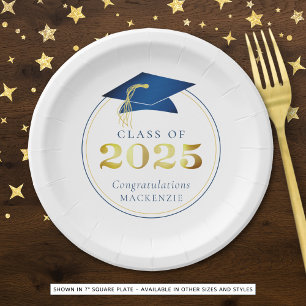 Graduation 2025 Faux Metallic Blue Gold Paper Plate