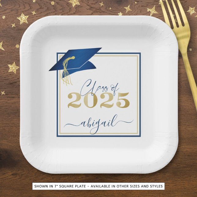 Graduation 2025 Faux Metallic Blue Gold Script Paper Plate (Creator Uploaded)