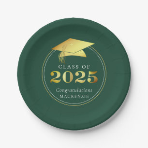Graduation 2025 Faux Metallic Green Gold Paper Plate