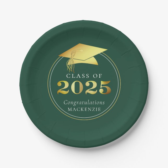 Graduation 2025 Faux Metallic Green Gold Paper Plate (Front)