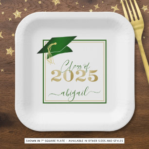 Graduation 2025 Faux Metallic Green Gold Script Paper Plate
