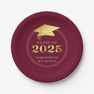 Graduation 2025 Faux Metallic Maroon Gold Paper Plate