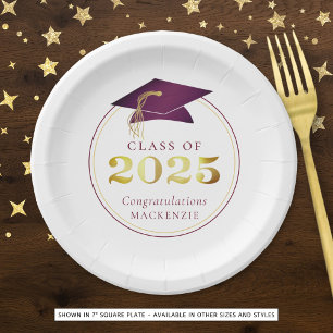 Graduation 2025 Faux Metallic Maroon Gold Paper Plate