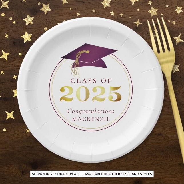 Graduation 2025 Faux Metallic Maroon Gold Paper Plate (Creator Uploaded)