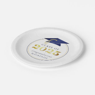 Graduation 2025 Faux Metallic Navy Blue Gold Paper Plate