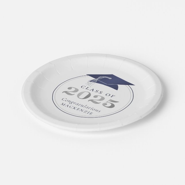 Graduation 2025 Faux Metallic Navy Blue Silver Paper Plate (Angled)