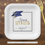 Graduation 2025 Faux Metallic Navy Gold Script Paper Plate<br><div class="desc">Modern personalised CLASS OF 2025 navy blue, gold and white graduation party plates with your graduate's name in a chic handwritten script with shimmering faux metallic navy blue graduation cap and faux metallic gold 2025. ASSISTANCE: For help with design modification/personalisation, colour change, transferring the design to another product or would...</div>