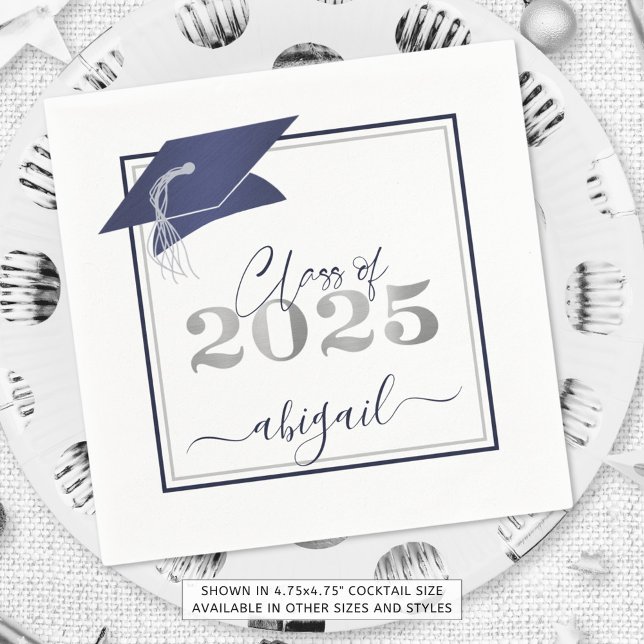 Graduation 2025 Faux Metallic Navy Silver Script Napkin (Creator Uploaded)