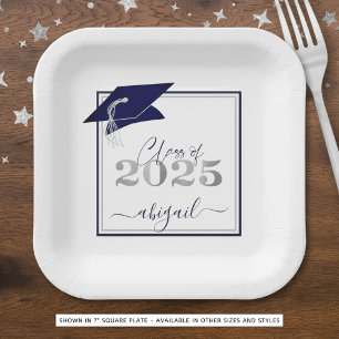 Graduation 2025 Faux Metallic Navy Silver Script Paper Plate