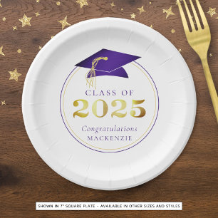 Graduation 2025 Faux Metallic Purple Gold Paper Plate