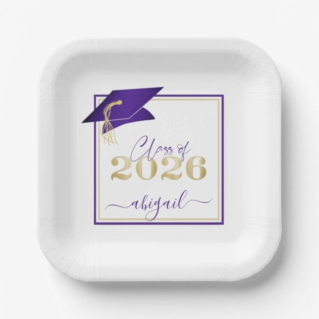 Graduation 2025 Faux Metallic Purple Gold Script Paper Plate (Front)