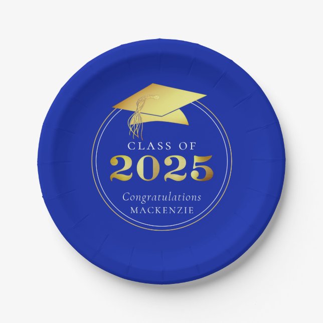 Graduation 2025 Faux Metallic Royal Blue Gold Paper Plate (Front)