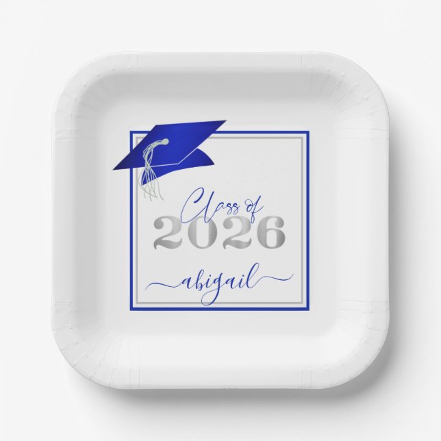 Graduation 2025 Faux Metallic Royal Blue Silver Paper Plate (Front)