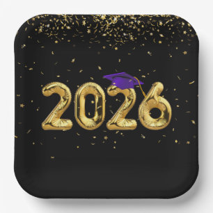 Graduation 2025 Gold Balloons and Purple Cap Paper Plate